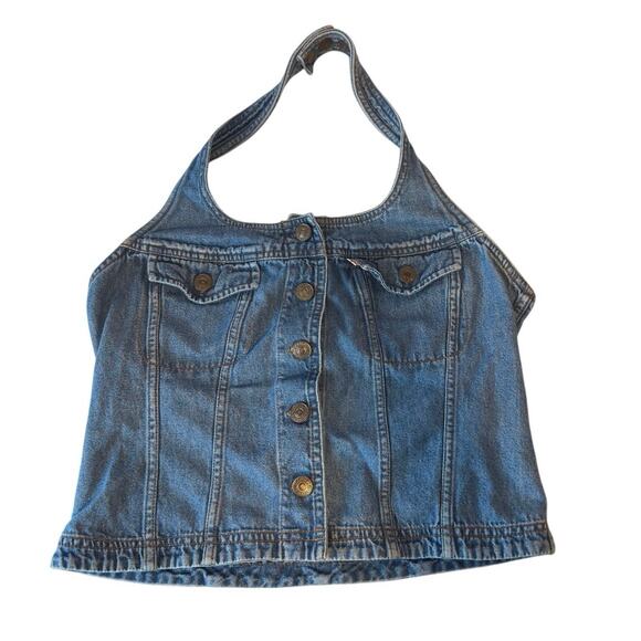 Vintage Levi’s 90s Blue Denim Button Up Halter Top Size M Adjustable Snap Strap - Picture 1 of 6